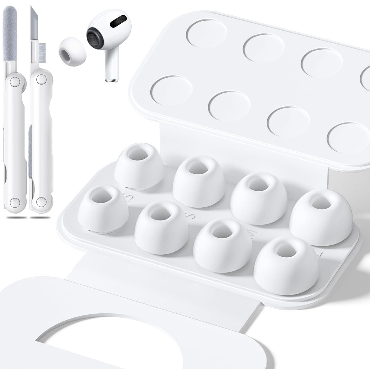 4 Pairs Replacement Ear Tips for Airpods Pro 1/2 with Hole for Noise Reduction, Silicone Earplugs for Airpods Pro with Cleaning Set & Portable Storage Box, 4 Sizes (XS/S/M/L) White