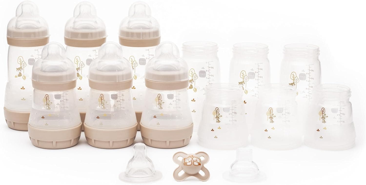 Easy Start Anti-Colic Bottle Starter Set | Includes Components for 6X Bottles & MAM Original Start 0-2 Month Soother | Baby Gift Set of Newborn Essentials | Large (Various Designs)
