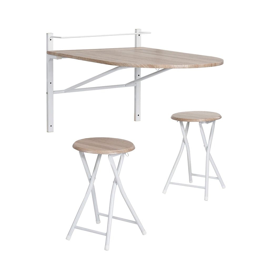 Lillyarn 3 pcs Wooden Kitchen Dining Table Set Wall-Mounted Drop-Leaf Folding Breakfast Table and 2 Bar Stools Set
