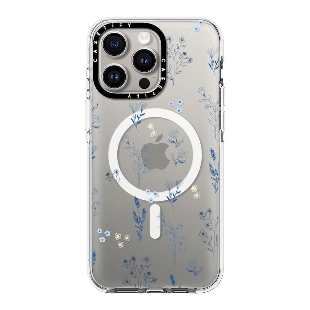 CASETiFY Clear Case for iPhone 15 Pro Max [Not Yellowing / 6.6ft Drop Protection/Compatible with Magsafe] - Flower Prints - Small Blue Flowers - Clear
