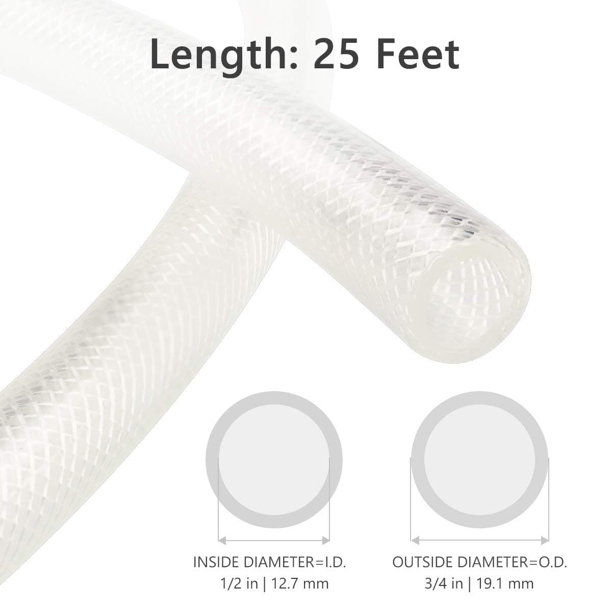 Eastrans 1/2" ID x 3/4" OD - 25 Ft High Pressure Braided Clear PVC Vinyl Tubing Flexible Vinyl Tube, Heavy Duty Reinforced Vinyl Hose Tubing, BPA Free and Non Toxic