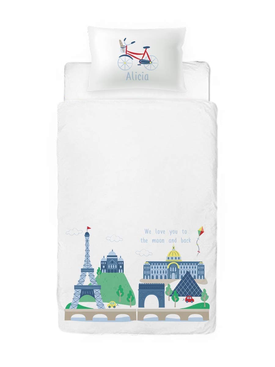 Essmak Personazized 400 Thread Count Cotton Bedsheet Set, Each set includes a pillowcase with Your Child's Name & Message on Duvet (Oooh Champs-Elysees Pattern)