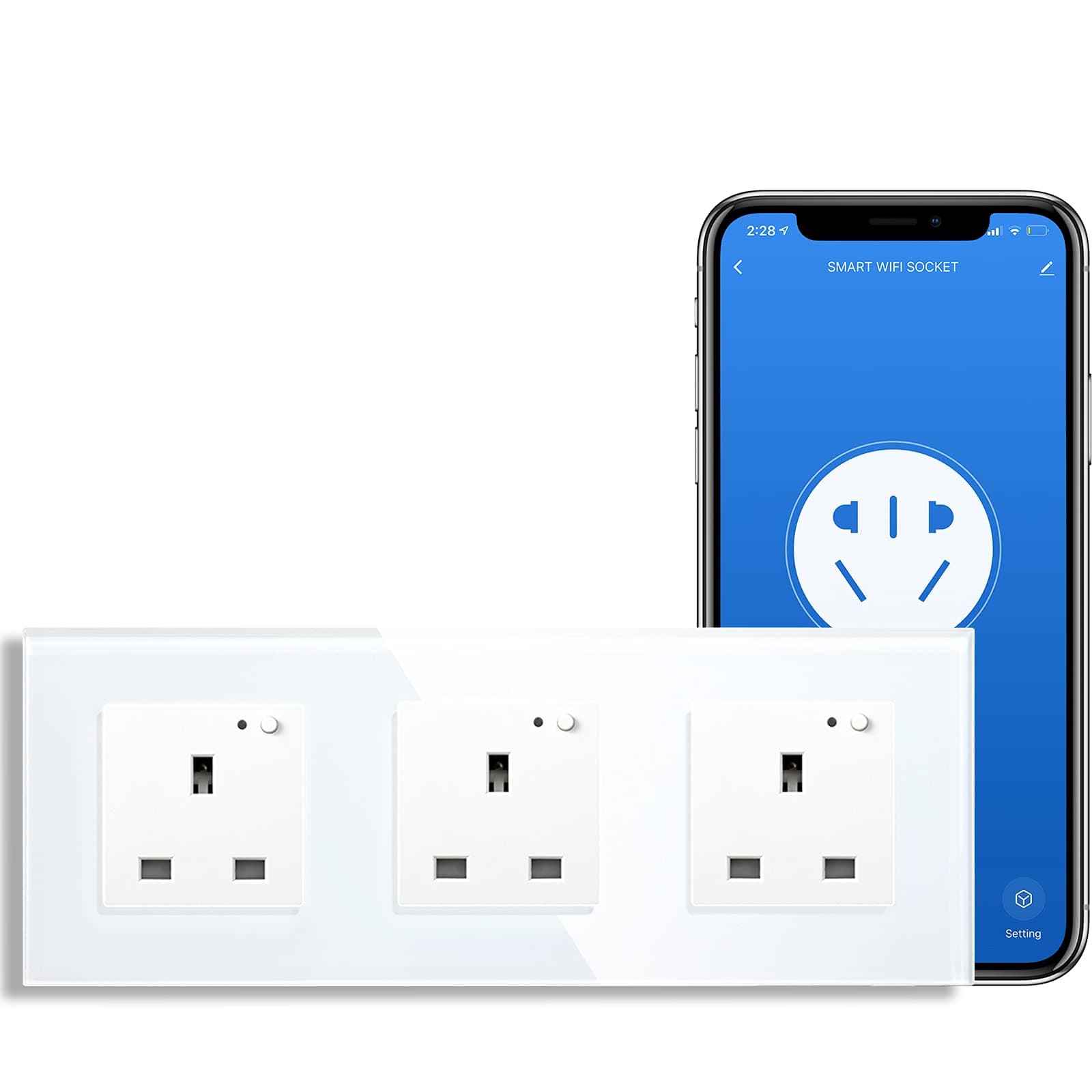 BSEED Wifi UK Smart Socket Triple Pole Alexa Switched Socket Indicator On/Off Switch Button 228mm Termpered Glass Panel 3 Gang 1 Way Alexa/Google/Echo Dot Embedded Wall Outlet White