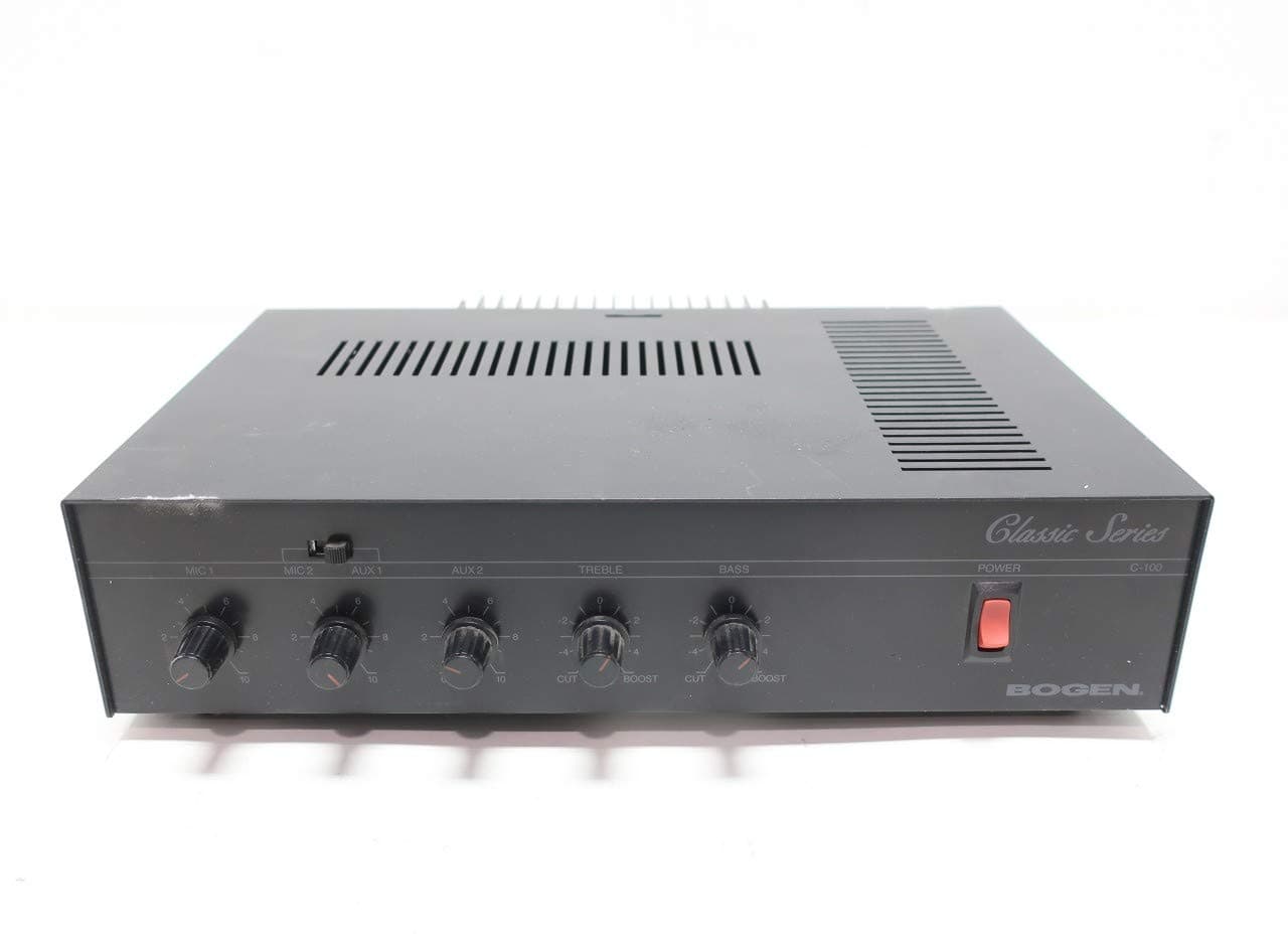 Bogen C100 Public Address Mixer Amplifier, 100 Watts, 4 Input Mixer Amp, 70V/25V 16 Ohm Speaker Outputs, Treble and Bass Controls, Thermal Protection and Electronic Shutdown, Rack Mountable