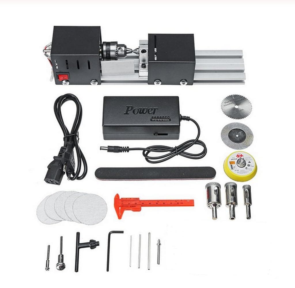 Mini Lathe Beads Polisher Machine DIY CNC Machining for Table Woodworking Wood DIY Tool Lathe Standard Set 6 in 1 (Black)
