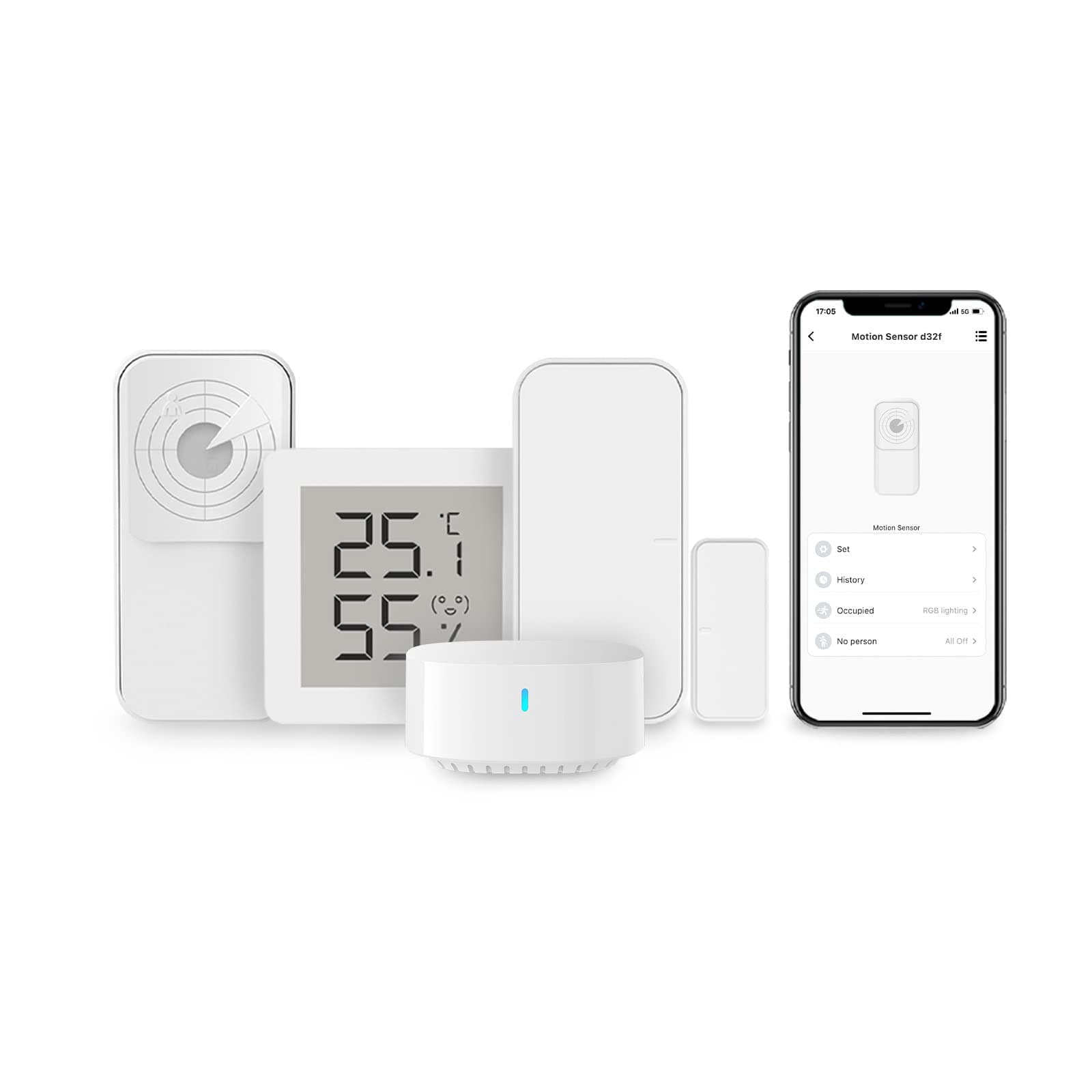 Broadlink Smart Home FastCon Sensor Kit - Including Radar Motion Sensor, Door Sensor, Temperature and Humidity Sensor and Mini Hub for Smart Home Automation, Compatible with Alexa