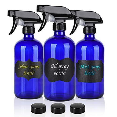 Glass Spray Bottle，Empty Cobalt Blue Spray Bottle Refillable Containers, 16oz Spray Bottles for Essential Oils, Cleaning, Aromatherapy, Durable Black Trigger Sprayer Fine Mist and Stream（3 Pack）