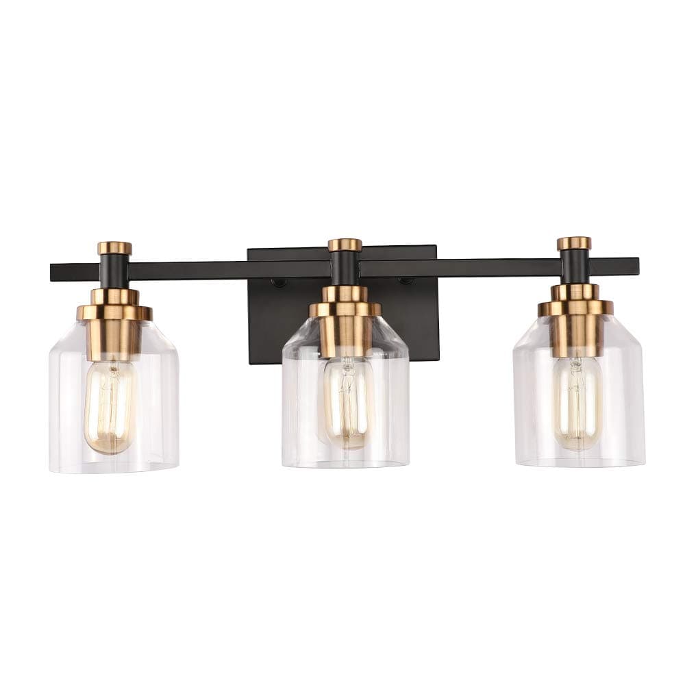 Create for Life 3-Light Bathroom Vanity Light,Industrial Wall Sconce Bathroom Lighting,Matte Black Finish,Brushed Gold Copper Accent Socket,Clear Glass Shade