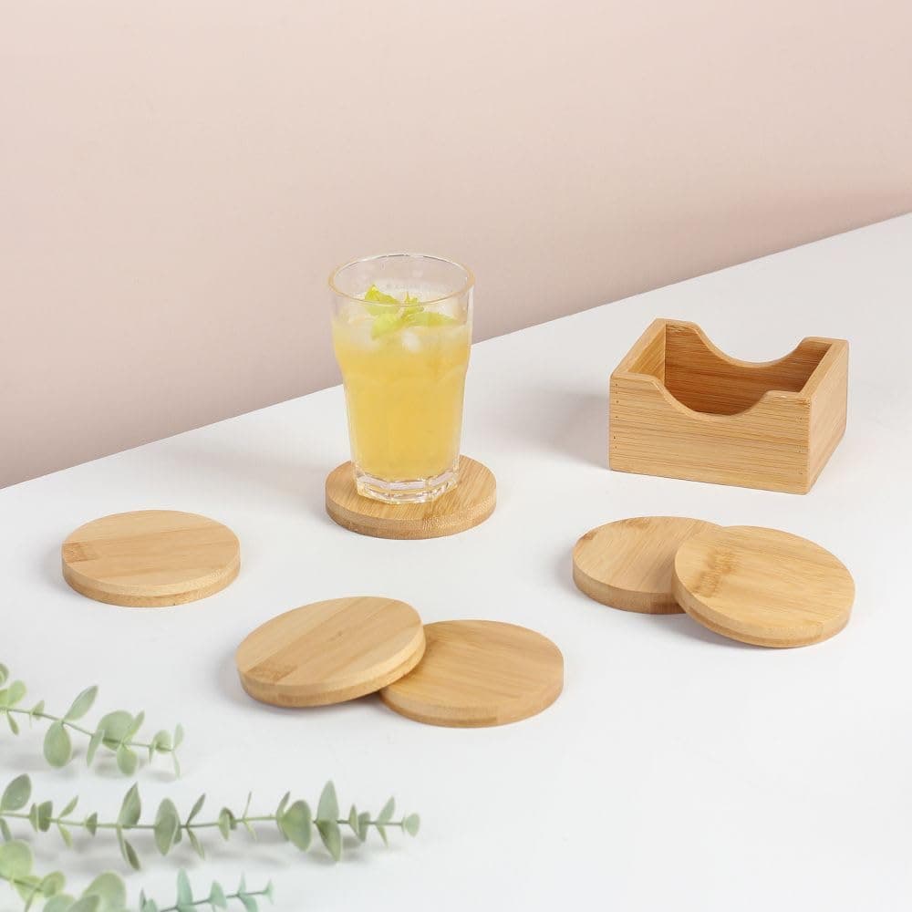 Danube Home Loretta 6-Piece Bamboo Coaster Set With Holder - Dia 9 X 1.2Cm | Wooden Coasters for Hot Beverages | Home Kitchen Dining - Natural
