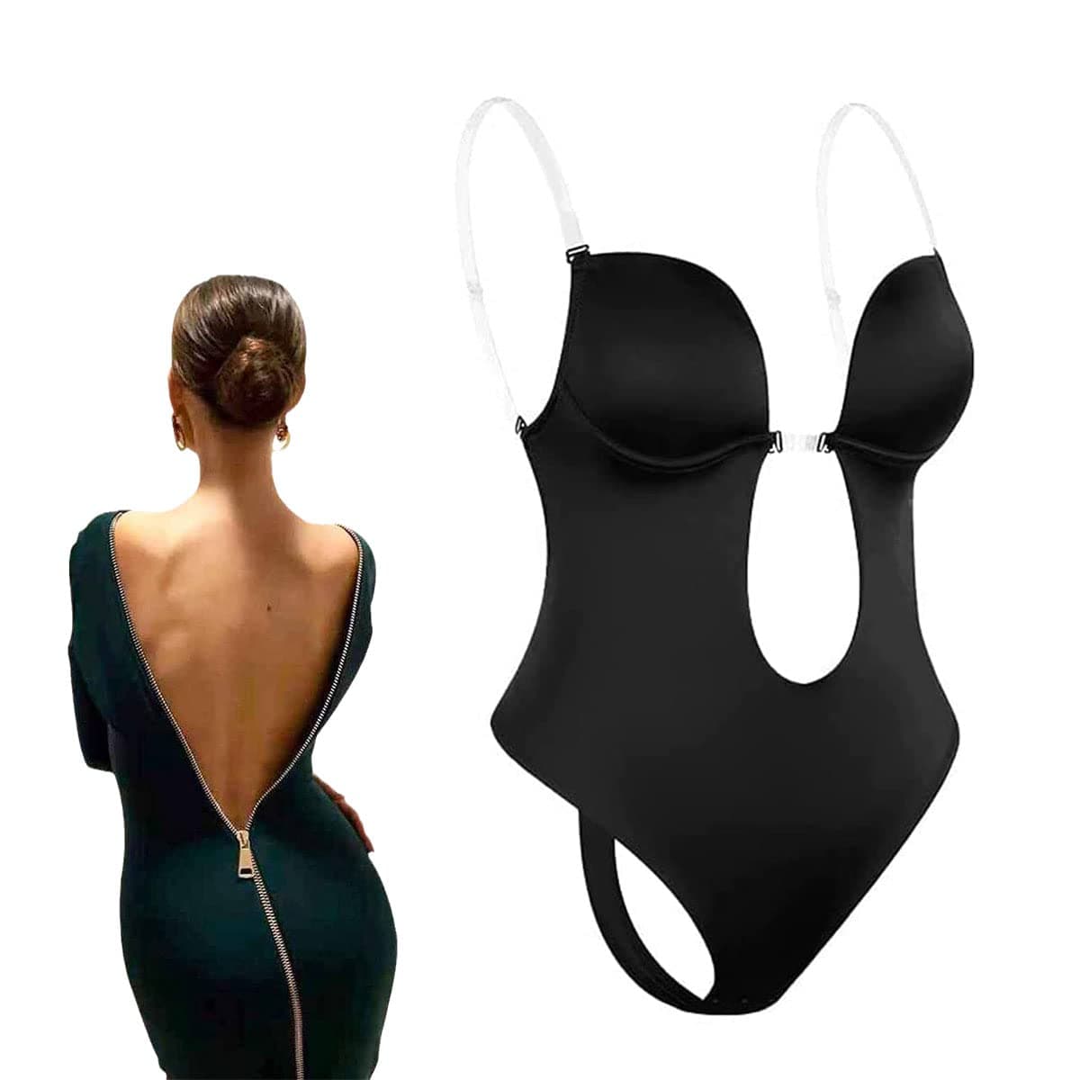 yingzi Backless Body Shaper Bra Plus Size, Shaper Deep U Bodysuit, Low Back Dress, Tummy Shaper for Casual Parties, Adjustable Transparent Straps