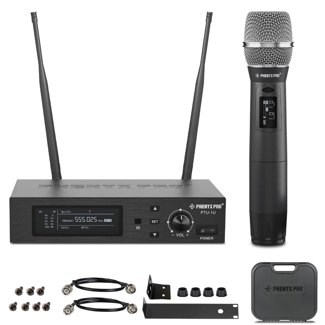 - Phenyx Pro True Diversity Wireless Microphone System w/ 1000 Tunable Channels, Single Cordless Mic Set w/Auto Scan, UHF Professional Dynamic Microphone for Singing, Stage & Studio (PTU-1U)