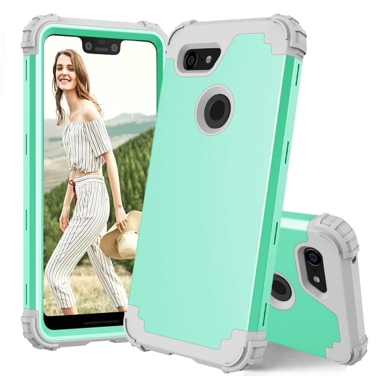 Phone Case for Google Pixel 3 XL Hard Cover Shockproof Soft Silicone Bumper Hybrid Three Layer Defender Heavy Duty Protective Wireless Charging Cell Accessories Pixel3 3XL Cases Women Girl Green