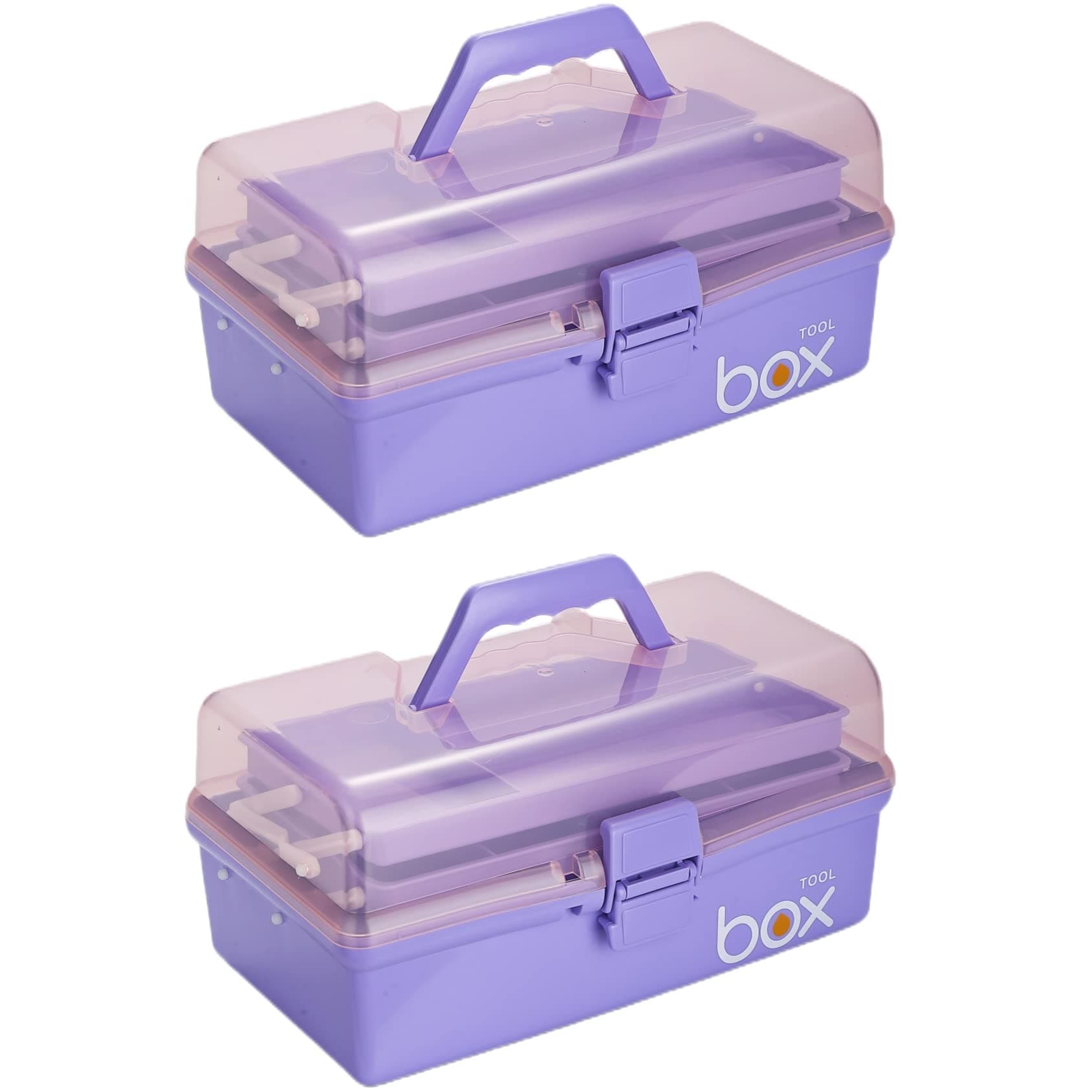 2PCS 12'' Three-Layer Clear Plastic Storage Box/Tool Box, Multipurpose Organizer and Portable Handled Storage Case for Art Craft and Cosmetic (Purple)