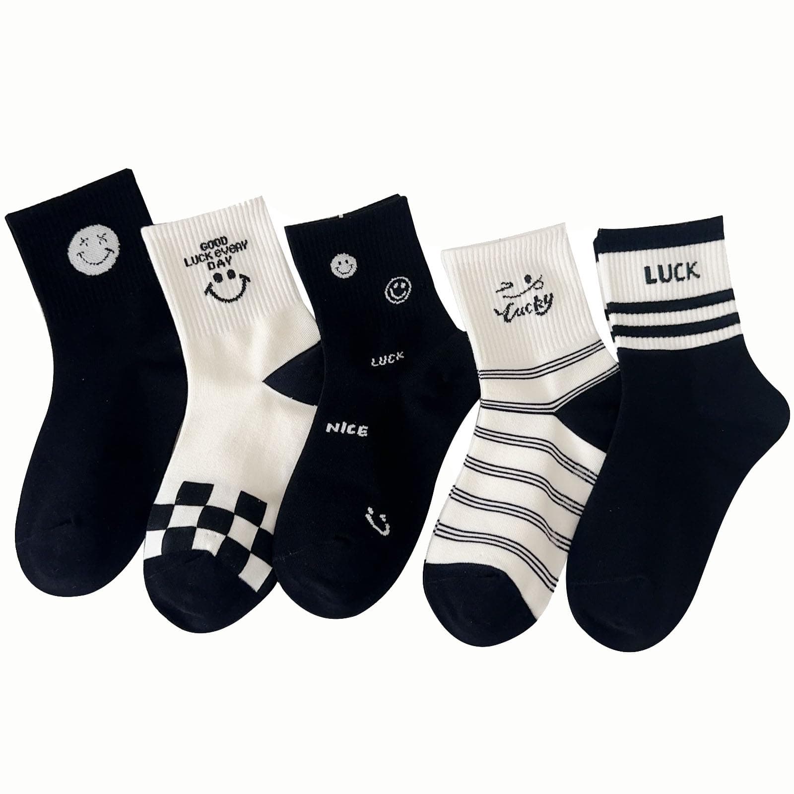 Toddler Boys Happy Face Crew Socks, Black Striped Solid Funny Kids Ankle Cotton Socks, 5 Pairs