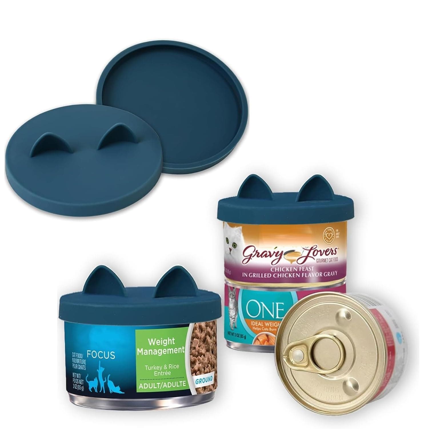OHMO - 2 Pack Cat Food Can Lids, Small (3 oz) Silicone Can Covers for Pet Food Cans 2.5 oz Cat Food Cans, Dark Blue