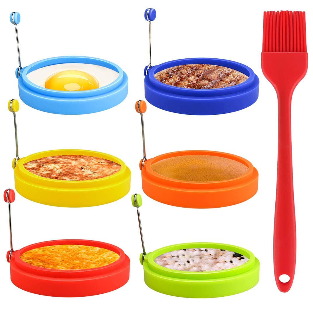 Winkeyes 6pcs Silicone Egg Rings + 1pcs Brush, 4 Inch Egg Ring for Frying Eggs, Egg Mcmuffin Ring, Non Stick Fried Egg Ring Mold, Pancake Ring