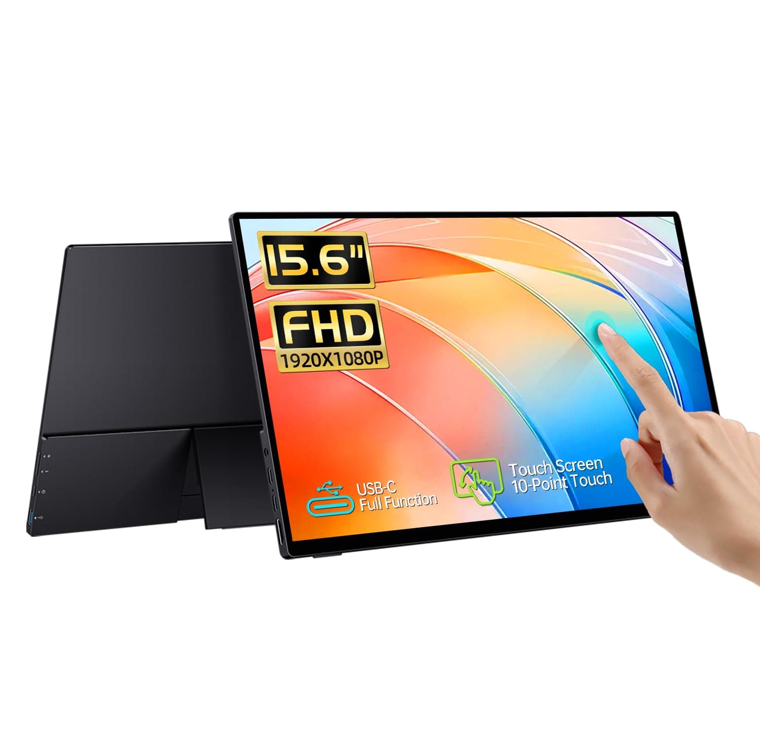 15.6 Inch Portable Touch Screen, FHD IPS Touch Screen with Tempered Glass, Travel Monitor with Kickstand and Speaker, HDMI USB C External Monitors for Laptop