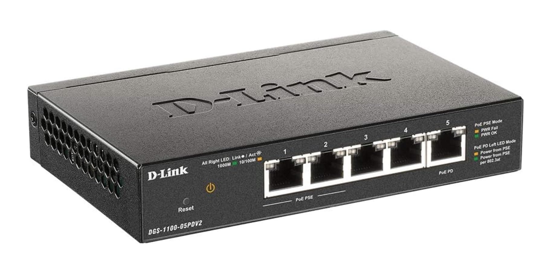 D-Link 5-Port Gibabit Smart Managed PoE Powered Switch/Extender | 2 PoE Ports (requires PoE Power)| L2 | VLANs| Web Managed |Desktop| Fanless | NDAA Compliant | Lifetime Warranty (DGS-1100-05PDV2)