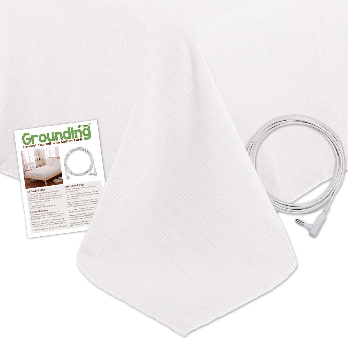Grounding Brand Flat Queen Size Sheet with Earth Connection Cable, 400TC Conductive Mat with Pure Silver Thread for Better Sleep and Healthy Earth Energy, White