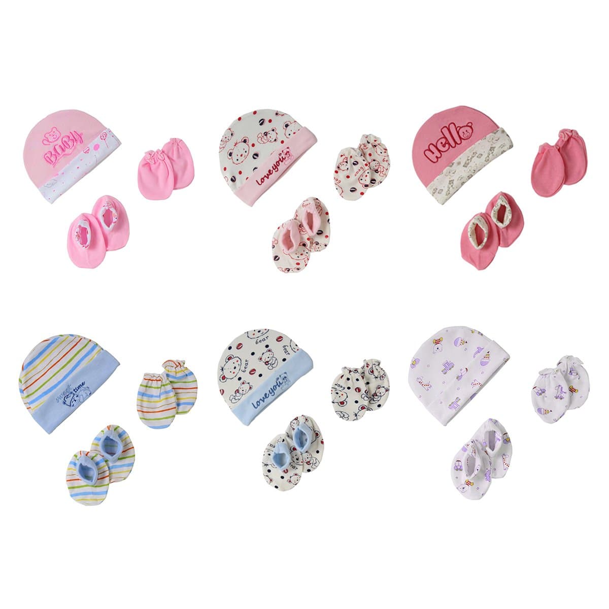 Babilav Baby Caps Mittens and Booties Combo Pack, Set of 6 (0-6 Month) (New Born)