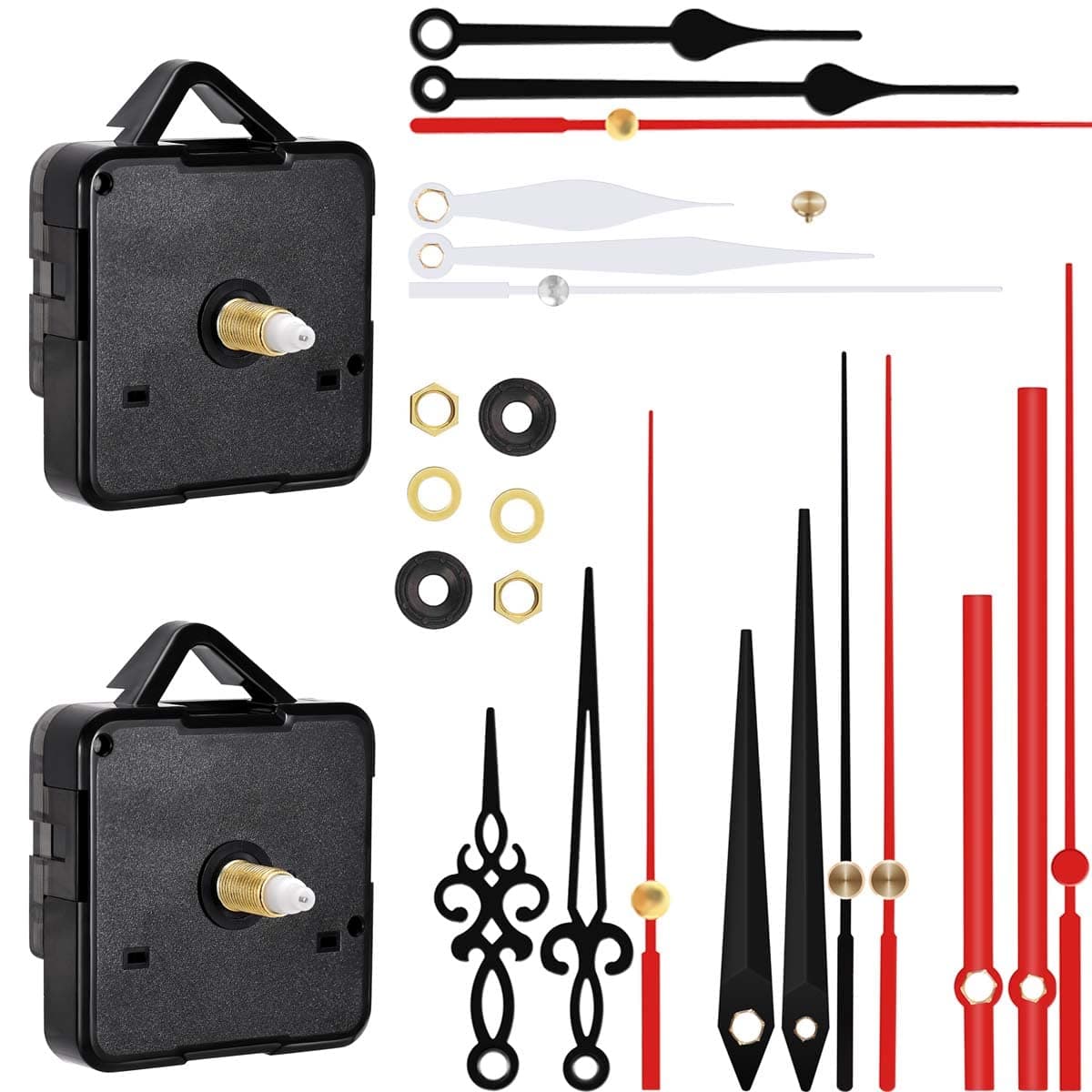 2 Silent Sweep Clock Motor Movement Mechanism with 5 Pack Different Size and Colorful Clock Hands (Black)