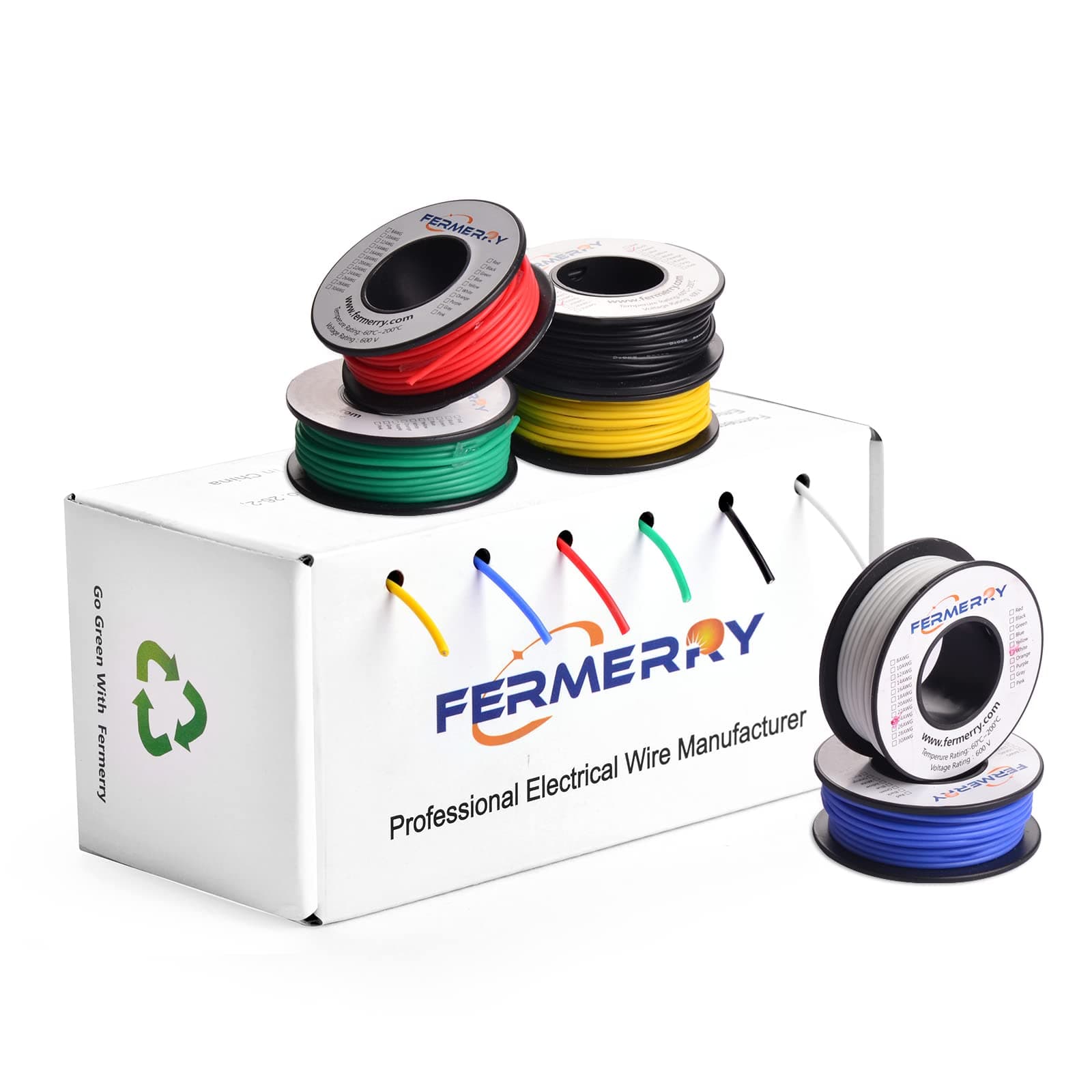 Fermerry Solid Core Wire Set, 24AWG (0.61mm) PVC Coated, 6 Colors (Black, Red, Yellow, Green, Blue, White), 7.5m Spools Each Tinned Copper, Switch Wire