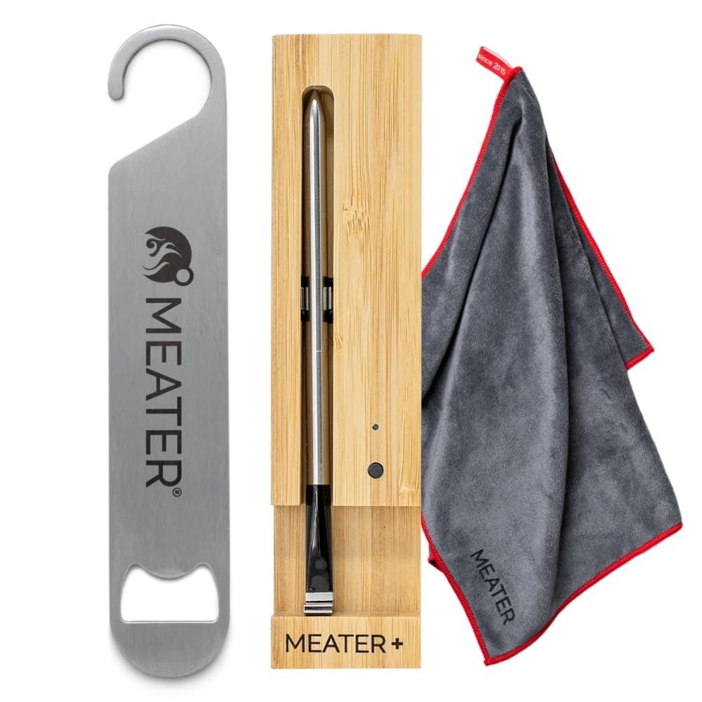 MEATER Plus Bundle: Smart Wireless Meat Thermometer with Limited Edition Kitchen Towel & Bar Blade Opener | Bluetooth Range for Grilling, Smoking, Roasting, Baking, and BBQ