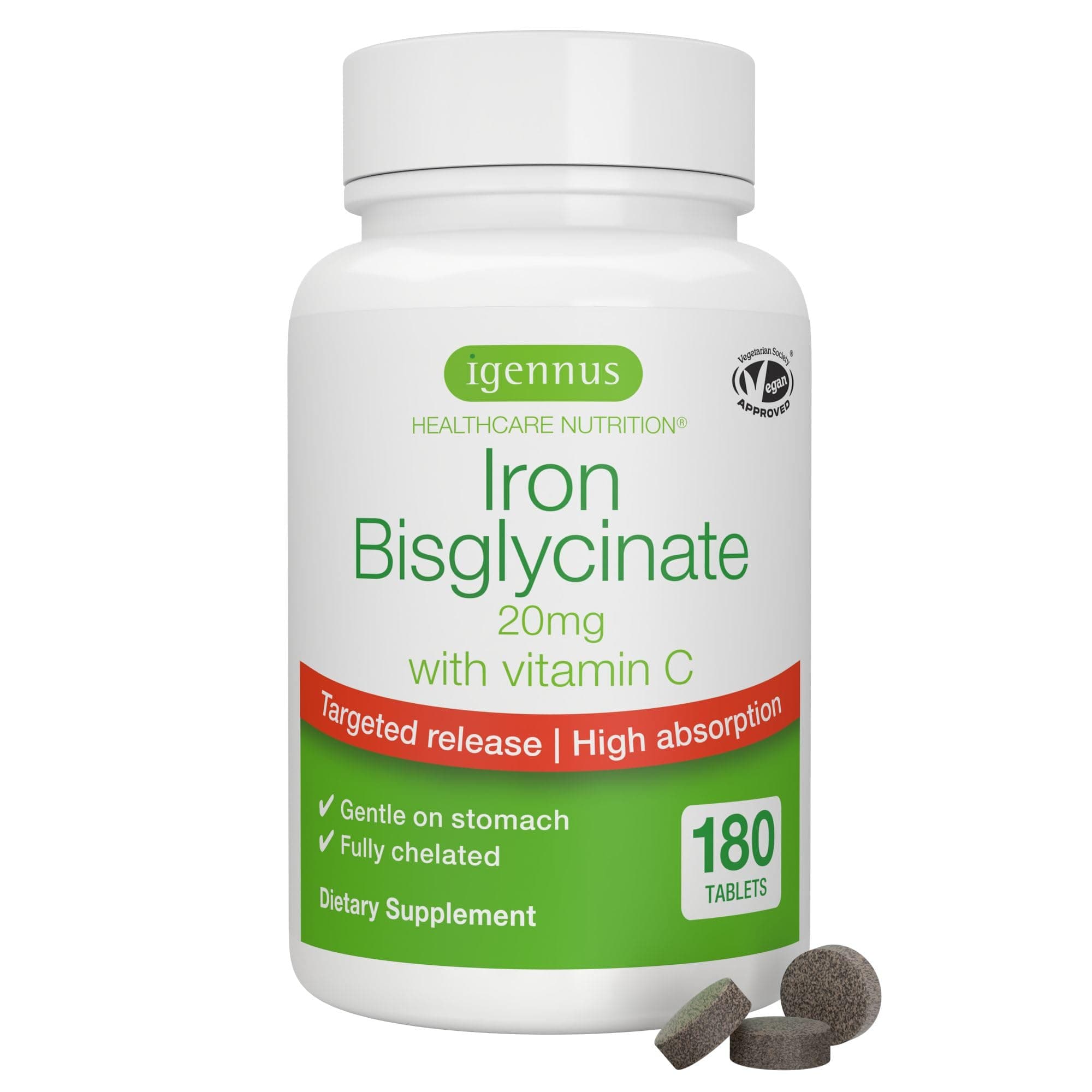 High Absorption Chelated Iron Bisglycinate 20mg with Vitamin C, Gentle Formula, Clean Label & Targeted Release, One Daily, Vegan, 180 Tablets,