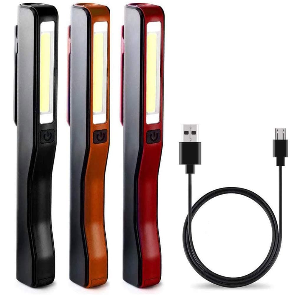 Rechargeable LED Work Light,Portable Pocket COB Floodlight/Inspection Lamp/LED Flashlight, with 3 USB Cable and Magnetic Clip, 3 Pack (Black+red+Orange)