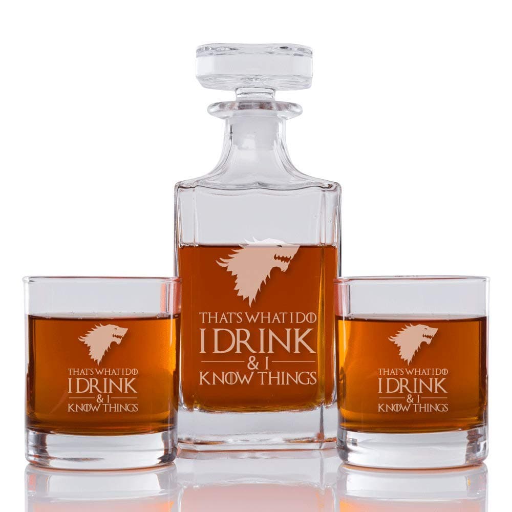 That's What I Do I Drink & I Know Things (Stark) Engraved Decanter and Rocks Glasses, Set of 3