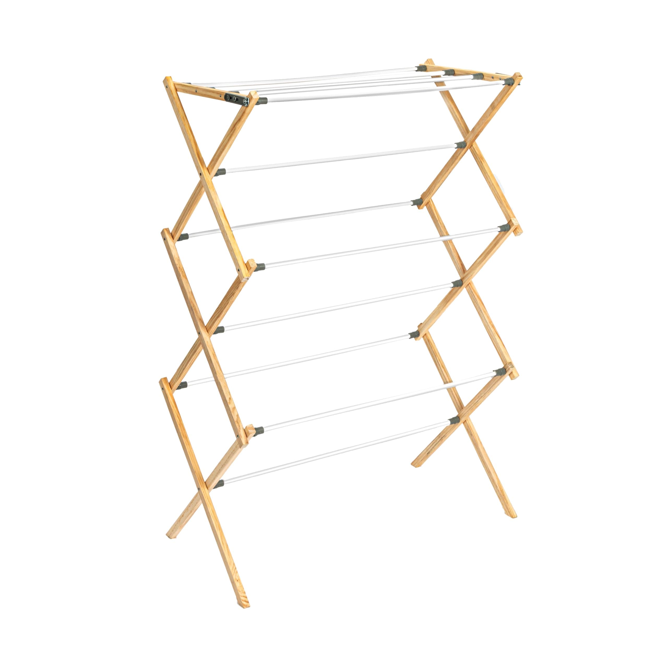 Household Essentials X-Frame Clothes Drying Rack, Stabile Wood Frame with Slanted Feet, Smooth Vinyl Wrapped Rods, 23.8 Feet of Hanging Space, Ready to Assemble, Flat Top, Natural