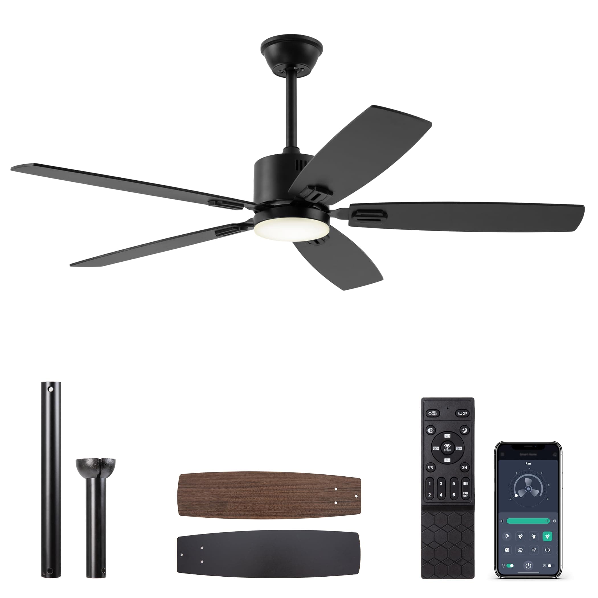 52" Ceiling Fans with Lights, Smart Ceiling Fan with APP and Remote Control, Reversible DC Motor, Noiseless, Stepless Dimmable, Modern Ceiling Fan for Indoor/Outdoor Use, Black