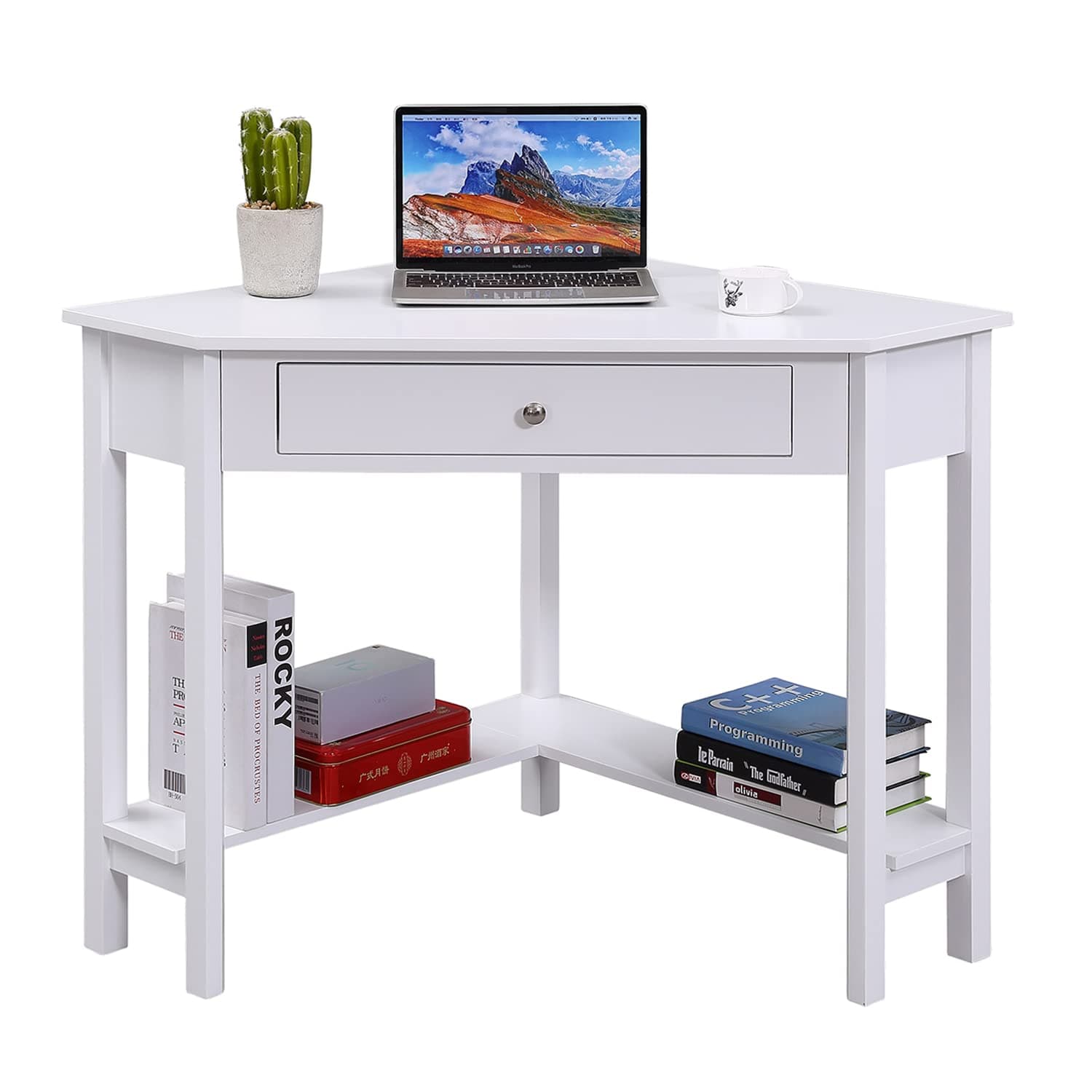 Lipo Corner Desk with Drawers for Small Space, Computer Desk with Storage Shelves, Makeup Vanity Desk, 90 Degrees Triangle Wood Modern Writing Study Table Home Office Desks for Bedroom, White