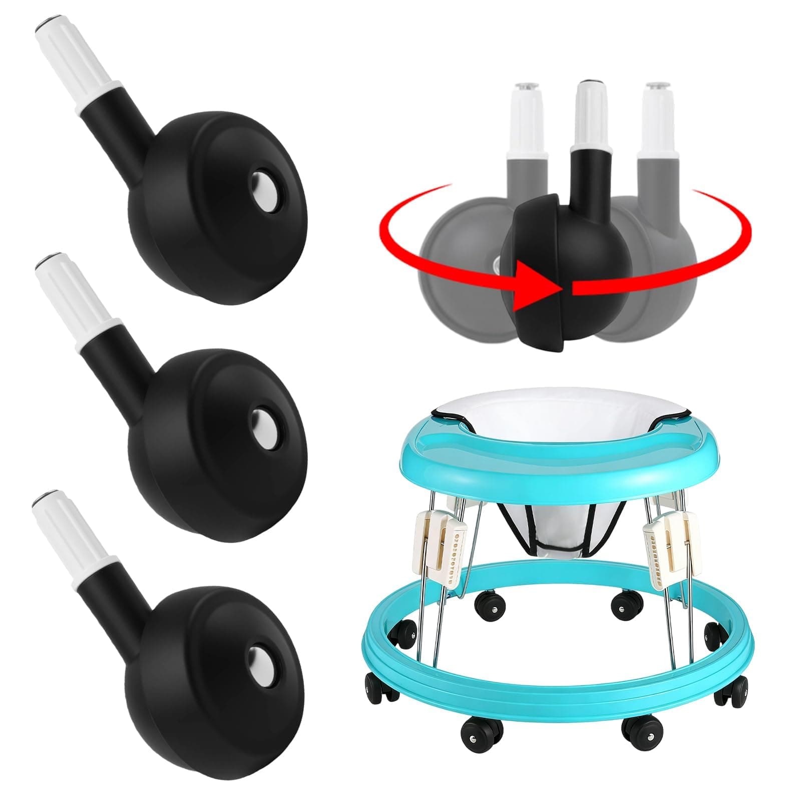 4PCS Baby Aid Wheels Replacement, Black Baby Mobility Device Replacement Wheels Universal Plastic Casters for Strollers Learning Walkers 360°Swivel for Mobility Gear, Quiet Rolling Accessories