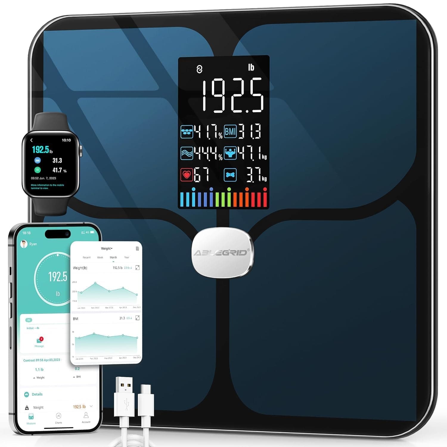 Body Fat Scale,Digital Smart Bathroom Scale for Body Weight, Large Color Display Screen, 22 Body Composition Metrics BMI, Water Weigh, Heart Rate, Baby Mode, 400lb, Rechargeable