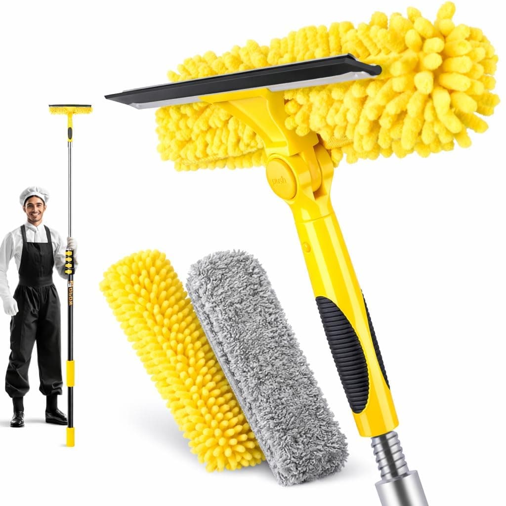 30FT High Reach Window Squeegee with Extension Pole, 2 in 1 Window Washing Kit with 6-Stage Telescopic Pole & Rotatable Head, No-Ladder Window Cleaner for High Window, Solar Panel, RV & Outdoor Glass
