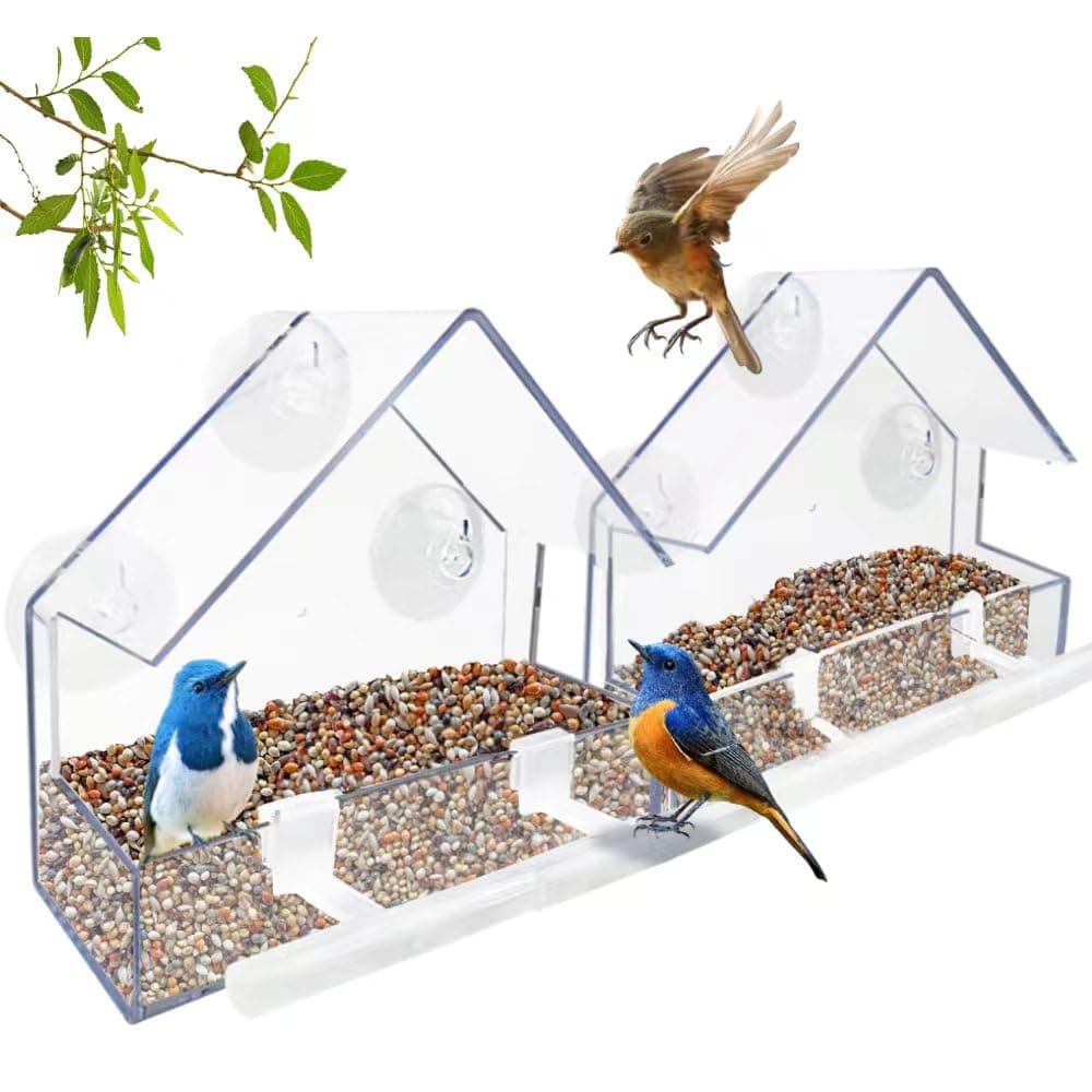 Window Bird Feeder 2 Pack, Bird House for Outside with 4 Rod, Small Acrylic Window Bird Feeder with Strong Suction Cups and Drain Holes 5.9 * 2.4 * 5.9 in