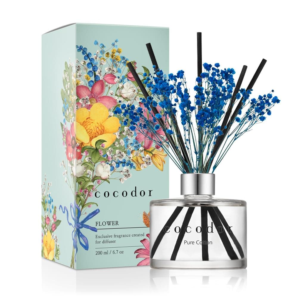 Cocodor Preserved Real Flower Reed Diffuser / Pure Cotton / 6.7oz(200ml) / 1 Pack / Reed Diffuser Set, Oil Diffuser & Reed Diffuser Sticks, Home Decor & Office