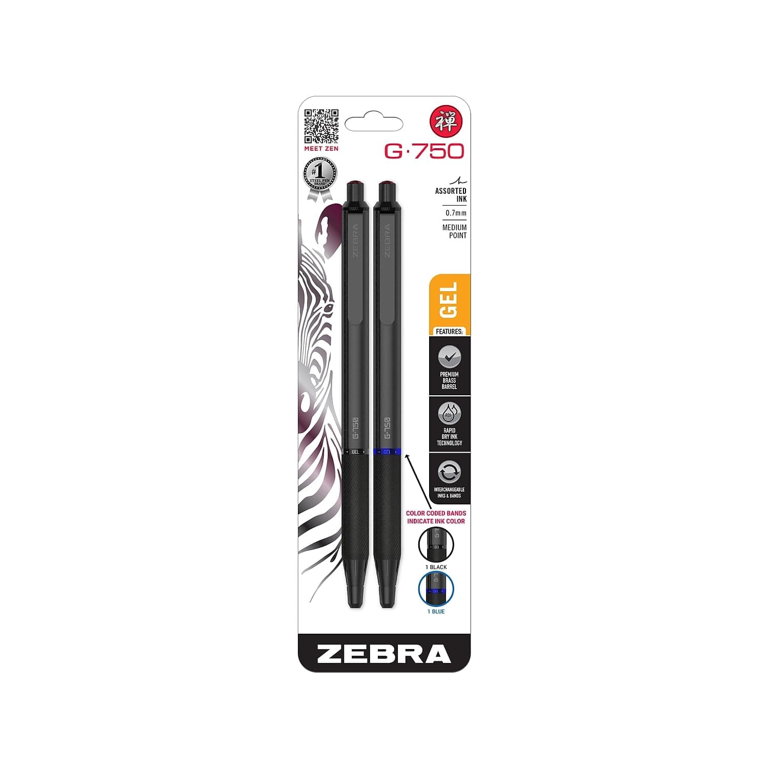 G-750 Metal Pen - Medium Point, 0.7mm - 2 Pack (1 Black &1 Blue) - Zebra Pen with Black Brass Barrel