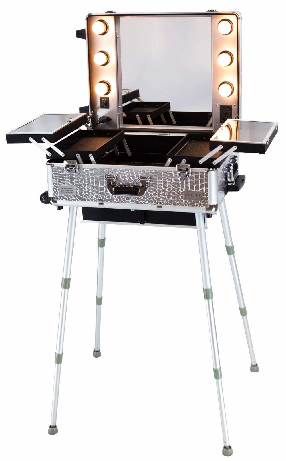 SUNRISE Maylan Makeup Train Stand Case With Pro Studio Artist Trolley And Lights, Silver - Medium