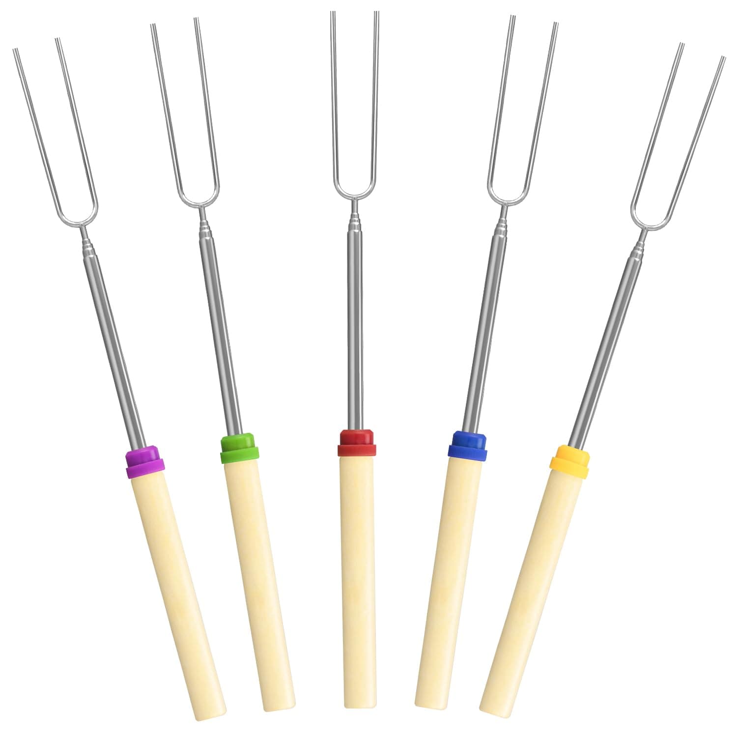 5 Pack Marshmallow Roasting Sticks Set, Extendable 32in Long Metal Barbecue Skewers with Wooden Handle, for Marshmallow, Hot Dogs, Camping, BBQ, Grill