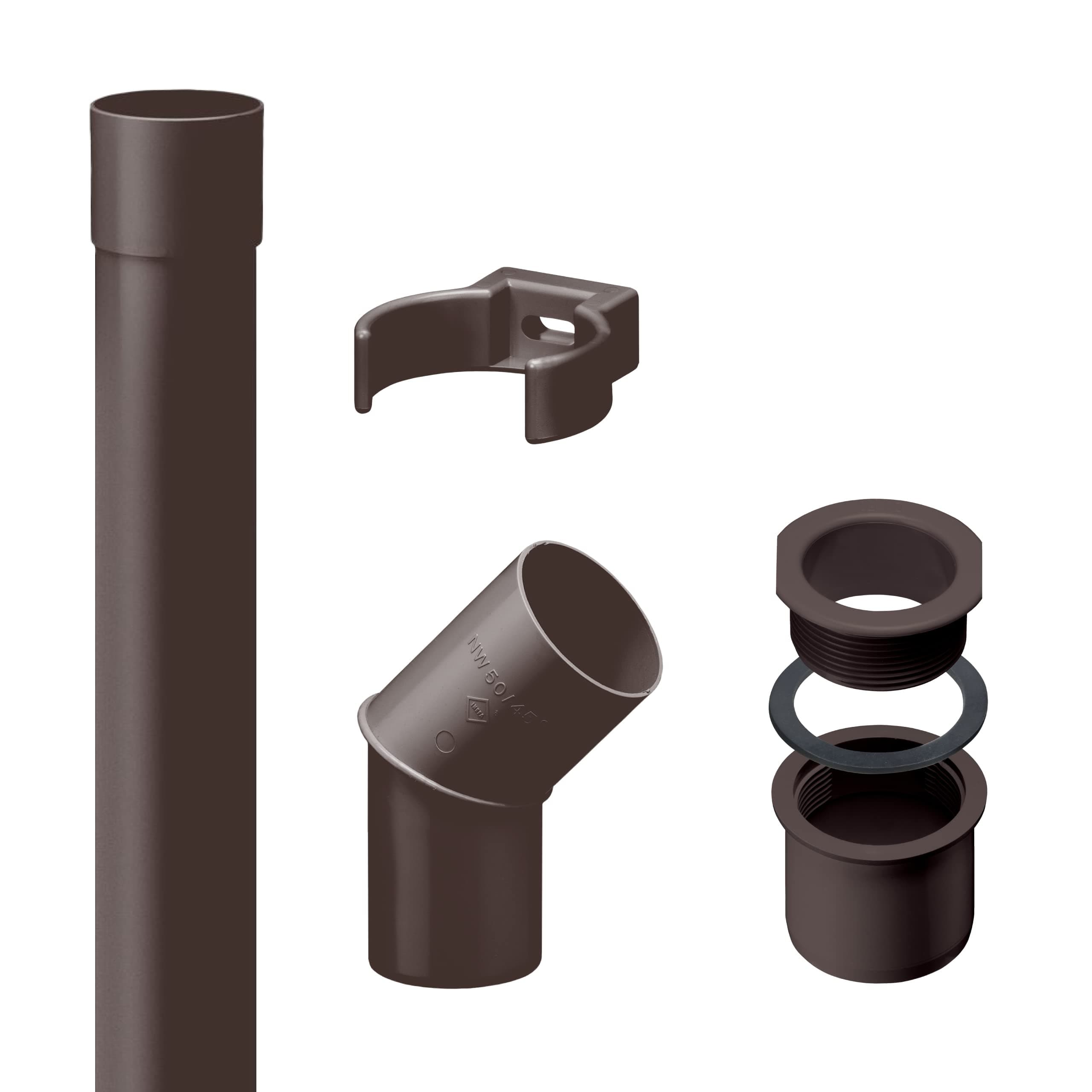 INEFA downpipe Set 50mm, PVC 2m Dark Brown Gutter Accessories, Simple Plug-in Installation, Made in Germany