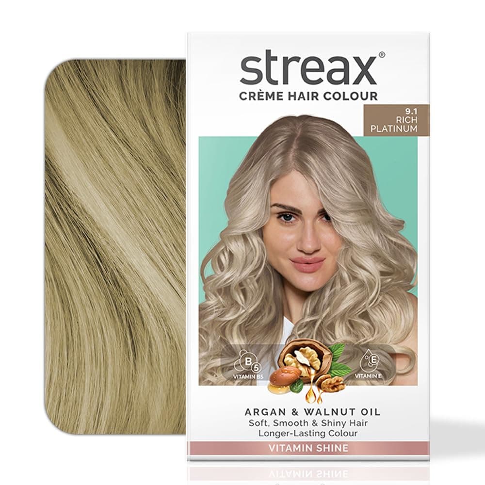 Streax Permanent Hair Colour, 100% Grey coverage, Infused with Argan and Walnut Oil, Long Lasting Cream Hair Colour for Women, Ash Hair Color, 9.1 Rich Platinum, 120 ml, Pack of 1