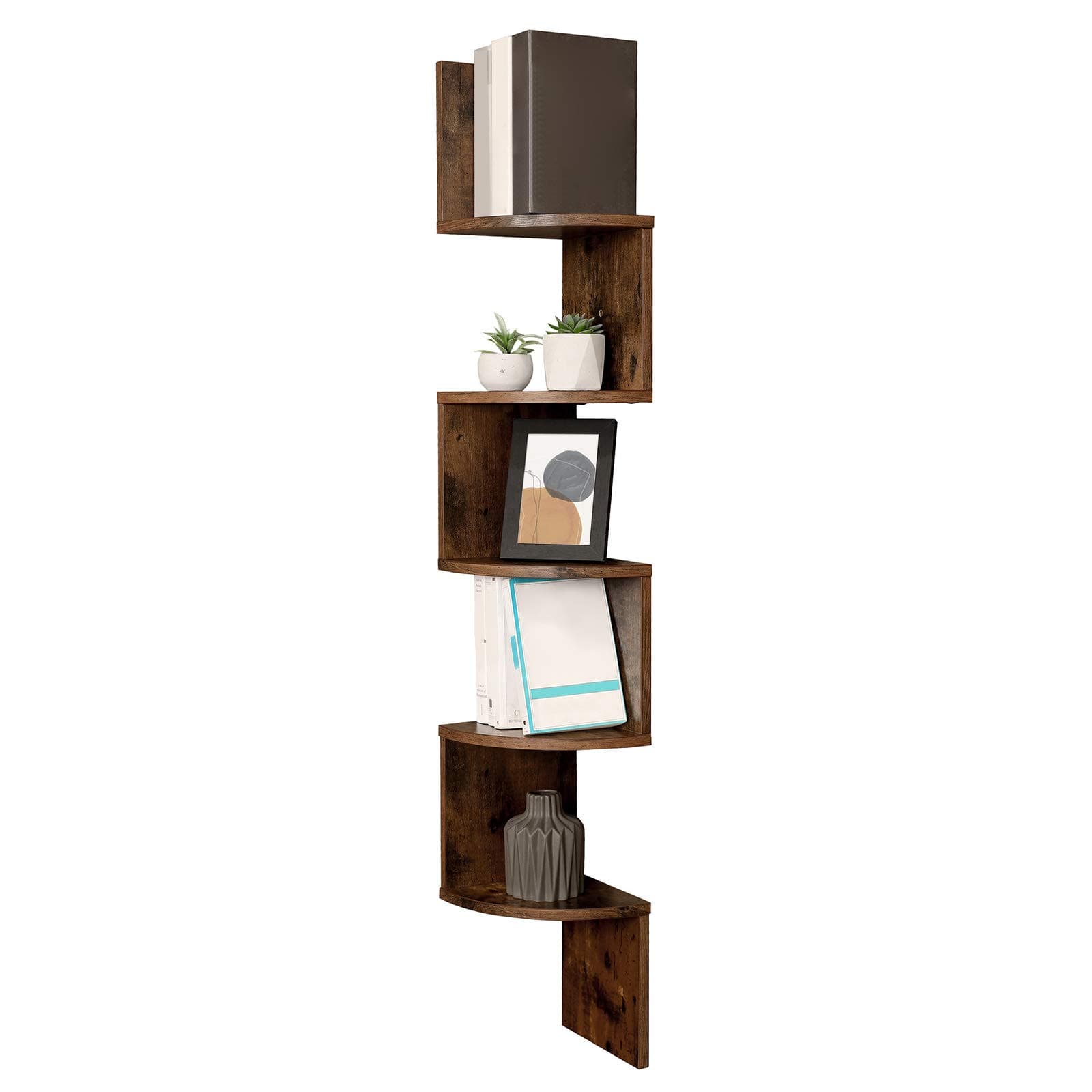 VASAGLE LBC20BX Corner Shelf, Wall Shelf, 5 Tiers, Zigzag Floating Shelf, Bookcase for Kitchen, Bedroom, Living Room, Office, Rustic Brown