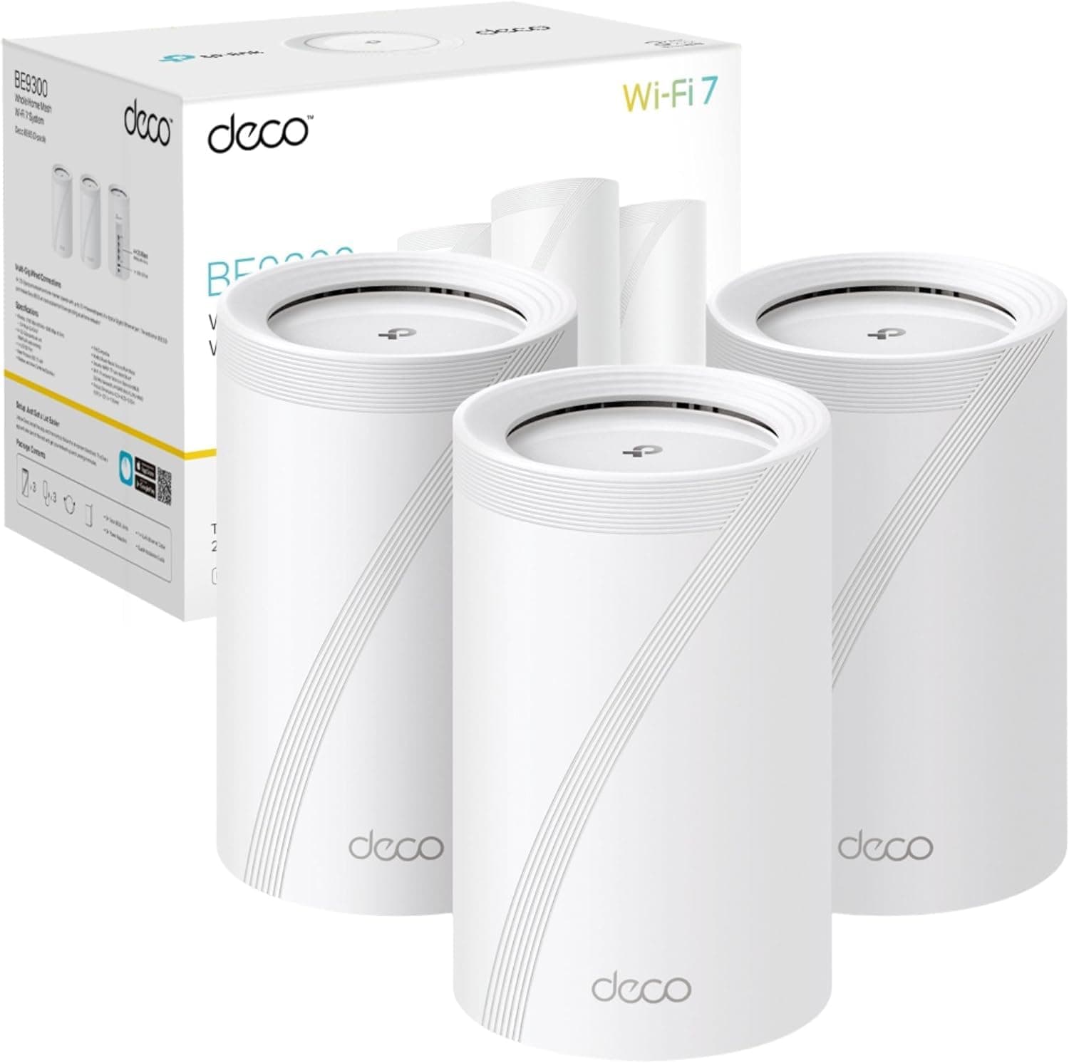 Deco BE65(3-pack) BE9300Mbps Tri-Band Whole Home Mesh WiFi 7 System, 2.5G Port, Speeds up to 9214 Mbps, AI-Driven WiFi Booster, Connect Over 200 Devices, Ideal for Gaming&4K, Easy Setup