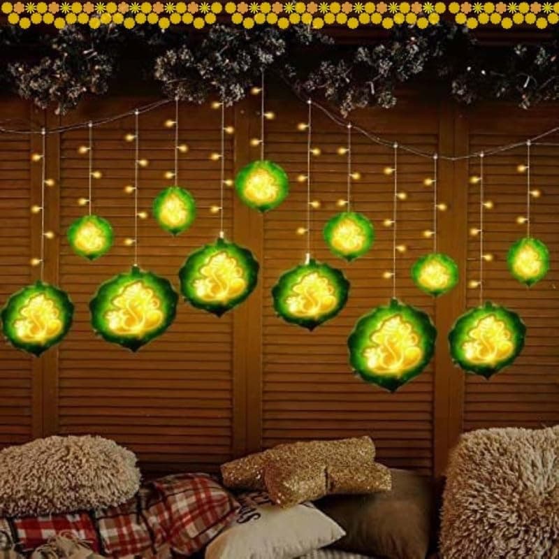 DesidiyaDecorative Ganesh Curtain String Lights, Warm White with 6+6 Ganesh Leaf Design (Pack of 1) – Idol for Ganesh Chaturthi and Balcony Decoration
