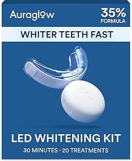 AuraGlow Teeth Whitening Kit, LED Light, 35% Carbamide Peroxide, (2) 5ml Gel Syringes, Tray and Case