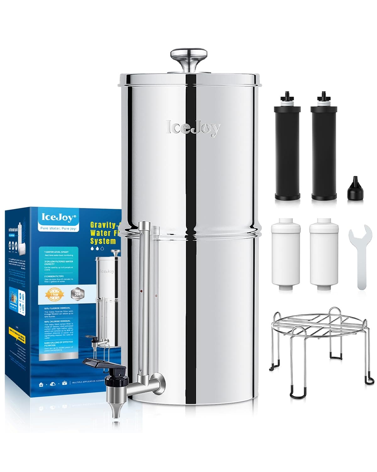 Gravity-Fed Water Filter System, 3-Gallon Stainless Steel System with 3 Carbon Filters and 3 Fluoride Filters, Metal Water Level Spigot, Reduces Chlorine, Gravity Tank Series.