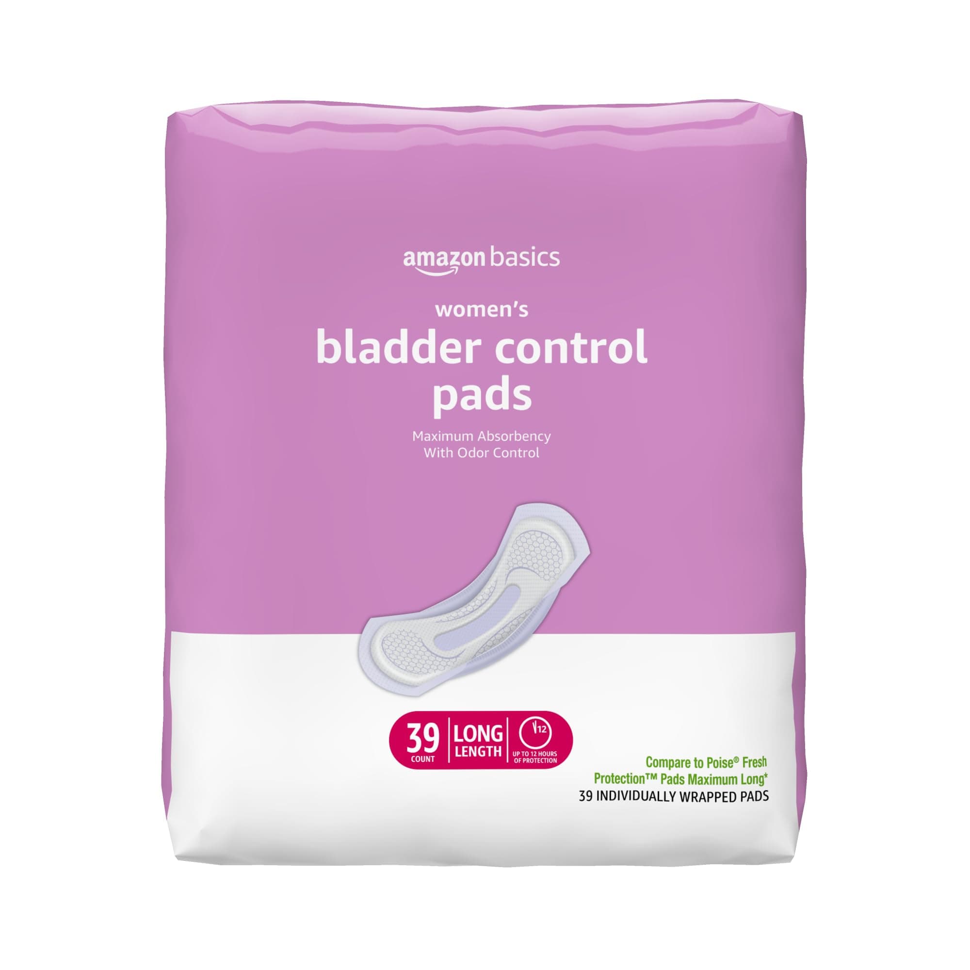 Amazon Basics Incontinence, Bladder Control & Postpartum Pads for Women, Maximum Absorbency, Long Length, 39 Count, 1 Pack (Previously Solimo)