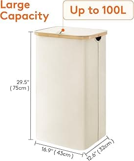 Lifewit 100L Laundry Basket with Lid, Clothes Hampers for Laundry with Bamboo Handles and A Removable Laundry Bag, Large Foldable Laundry Hamper for Bedroom, Bathroom, Dorm, Laundry Room, White